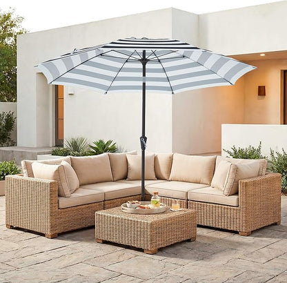 JEAREY 9FT Outdoor Patio Umbrella, Market Table Umbrella with 8 Fiberglass Ribs, Pool Umbrella with Tilt and Crank, UV Protection Lightweight & Wind-Resistant for Lawn, Garden, Deck and Backyard, Black-White Stripe