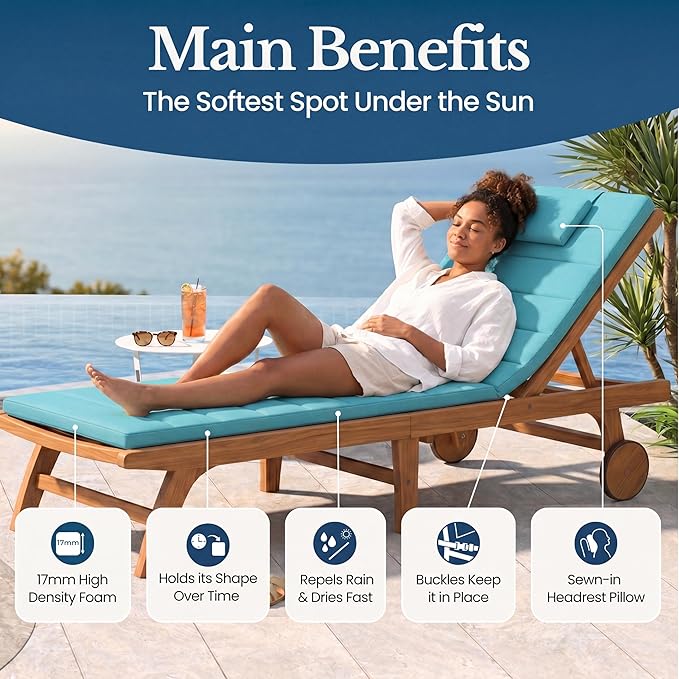 Quilted Chaise Lounge Outdoor Patio Furniture Cushions | Water-Resistant Patio Chair Cushions | Durable, High-Density Foam Outdoor Chair Cushions - Teal, 74"x23" (Chair Not Included)