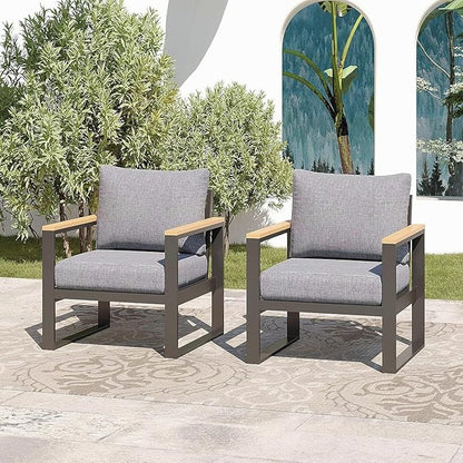 Sundale Outdoor 2 Pieces Patio Aluminum Armchairs, All-Weather Outdoor Furniture with 6” Olefin Cushion & Wide Armrest, Outdoor Chairs or Garden Deck Porch(Grey)