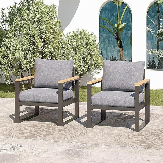 Sundale Outdoor 2 Pieces Patio Aluminum Armchairs, All-Weather Outdoor Furniture with 6” Olefin Cushion & Wide Armrest, Outdoor Chairs or Garden Deck Porch(Grey)