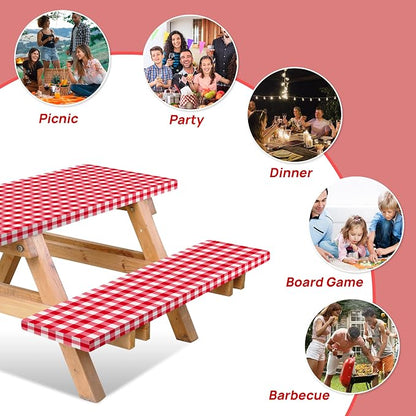 Vinyl Fitted Picnic Table Cover with Bench Covers & Bag 6ft Red Checkered | Vinyl Fitted Picnic Table Cover with Bench Covers and Bag, Outdoor Waterproof Windproof Picnic Tablecloth with Elastic Edges.