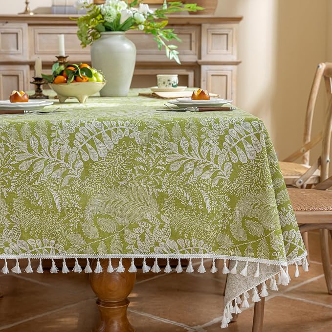 AIRCOWRIE Cotton Linen Tablecloth for Rectangle Tables, Heavy Duty Wrinkle Free Water Resistant Washable Cloth Dining Table Cover for Kitchen and Outdoor Use(Green Plant, 54”×78”, Rectangle)