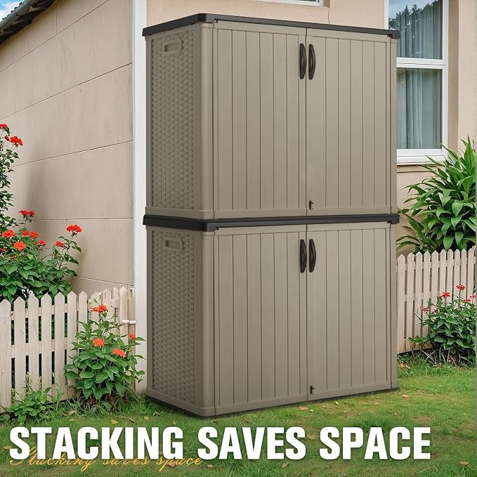 Greesum Outdoor Storage Cabinet 26 CuFt, Resin Large Storage Box Weather Resistance with Lockable Doors, Easy to Assemble, Horizontal Storage Shed for Garden, Backyard, Patio, Beige (Without Shelf)