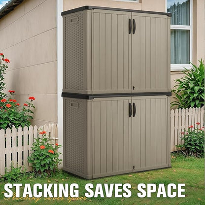 Greesum Outdoor Storage Cabinet 26 CuFt, Resin Large Storage Box Weather Resistance with Lockable Doors, Easy to Assemble, Horizontal Storage Shed for Garden, Backyard, Patio, Beige (Without Shelf)