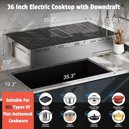 Hobsir 36 Inch Electric Cooktop with Downdraft Extractor, 4 Burners Glass Radiant Stovetop 7400W, 9 Power Levels, Cook top with BBQ, Timer, Pause, Safety Lock, 240V(No Exhaust Pipe Required)