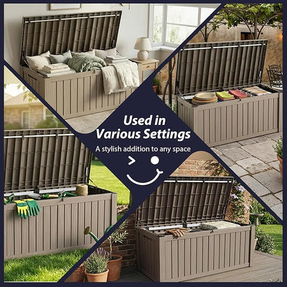 150 Gallon Large Outdoor Storage Box Waterproof, UV Resistant Resin Deck Box with Hydraulic Rod for Patio Furniture,Garden Tools,Cushions, Easy to Installl（Grey）