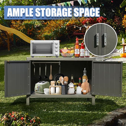 Domi Outdoor Kitchen Island with Storage, Aluminum Kitchen Storage Island Outdoor Grill Table, Freestanding Outdoor Prep Table Grill Storage Cabinet with Protective Cover for BBQ, Deck, Patio