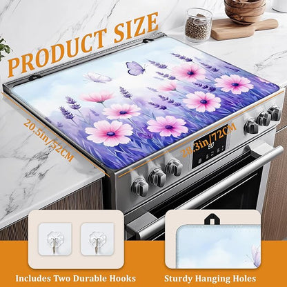 Purple Flowers Stove Top Covers for Electric Stove,Spring Floral Butterfly Glass Top Stove Cover, Heat Resistant Range Covers for Electric Stove,Washable Countertop Mat, 28 x 20 Inch