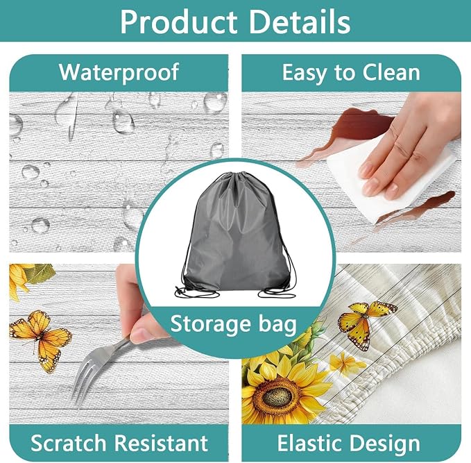 Picnic Table Cover with Bench Covers Elastic Edges, White Wooden Sunflower Butterfly Fitted Table Cover, Outdoor Patio Camping Essentials 3PCS, Waterproof Camping Tablecloth with Drawstring Bag 72in
