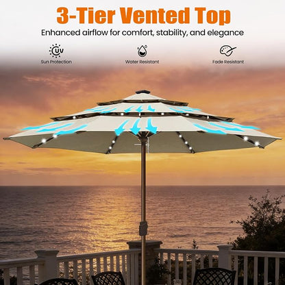 EliteShade USA 10-Year-Non-Fading 10ft 3-Tier Market Patio Umbrella, Commercial Table Umbrella with 80 Solar LED Lights, Crank Open, Windproof & UPF 50+ UV Protection for Garden, Deck, Pool, Backyard, No Tilt, Antique Beige