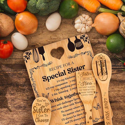 Sister Birthday Gifts - "Recipe for a Special Sister" Sister Gifts from Sister Cutting Board Set, Bamboo-Made Engraved Utensil Set Sister Gifts from Sister, Mothers Day Gifts for Sister