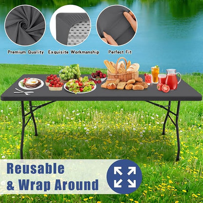 Moosfor 2 Pack Rectangle Spandex Fitted Table Cloth, 4FT Elastic Tablecloth | Washable Picnic Table Cover, Stretch Waterproof Table cloths for Party, Patio, Dining, Kitchen, 24" x 48", Dark Grey