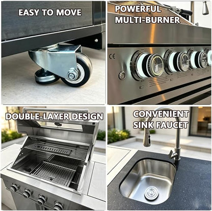 6-Burner Barbecue Island Grill, Stainless Steel Outdoor Kitchen Island Grill, Modular Outdoor Kitchen with Refrigerator, Sink & Cooler, Heavy Duty Mobile Grills Outdoor Cooking