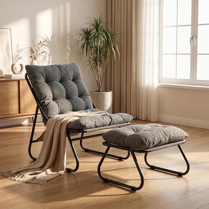 Rocking Chair with Ottoman, Modern Metal Frame Outdoor Rocker, Comfy Patio Lounge Chair with Footrest, Reading Glider Chairs for Living Room, Bedroom, Balcony, Garden, Relax, Grey