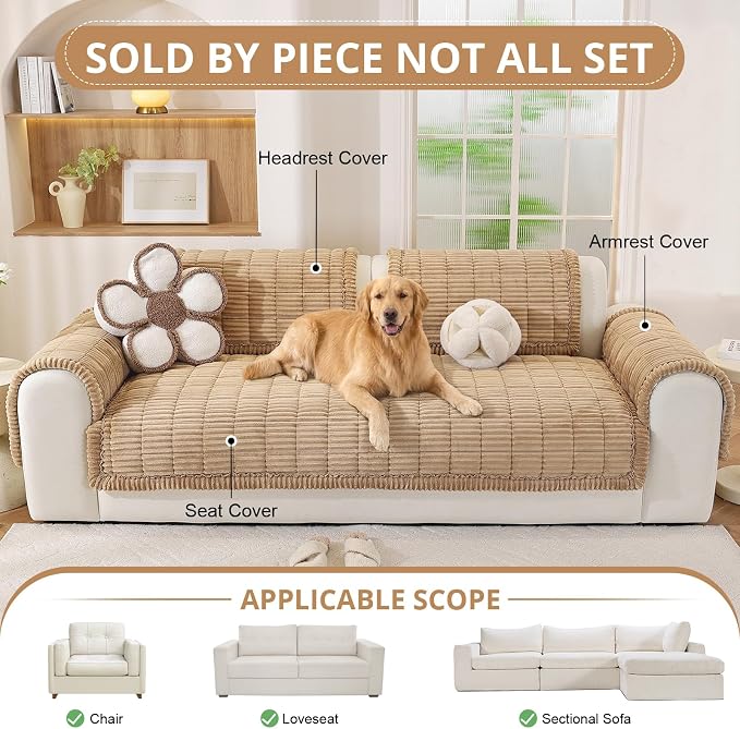 OstepDecor Couch Cover for Dogs, Washable Non Slip Sofa Cover for Pets | Soft Couch Covers for Sofa, Loveseat and Sectional, Furniture Protector Against Pet Hair & Dirt (35.4" x 47.2", Khaki)