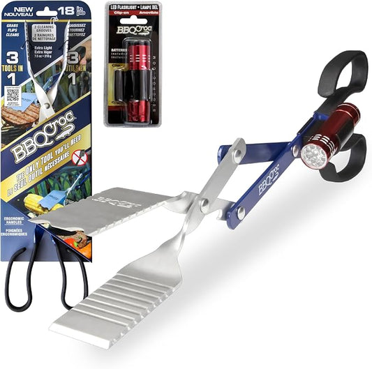 BBQ Croc 3 in 1 Barbecue Tool 18-inch - Extra Light and Long Tongs, Spatula and Grill Scraper (Blue) (18 inch with Flashlight)