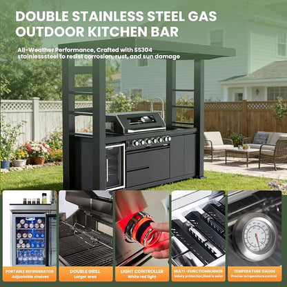 108" Outdoor Kitchen Island Crafted from Stainless Steel,6-Burner 85,000 BTU Natural Gas Grill with Rotisserie Oven,Galvanized Steel Roof,Granite Countertops,Refrigerator,Storage,Sink.(Natural Gas)
