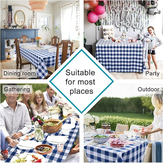 Hiasan 60 x 84 Inch Checkered Tablecloth Rectangle - Waterproof and Wrinkle Resistant Table Cloth for Picnic, Dinner and Party, Washable Polyester Fabric, Navy Blue and White Gingham Pattern