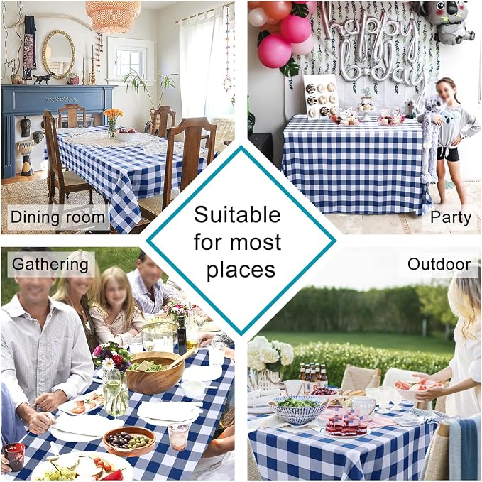 Hiasan 60 x 120 Inch Checkered Tablecloth Rectangle - Waterproof, Wrinkle Resistant and Washable Gingham Table Cloth for Outdoor Picnic, Kitchen and Holiday Dinner, Navy Blue and White