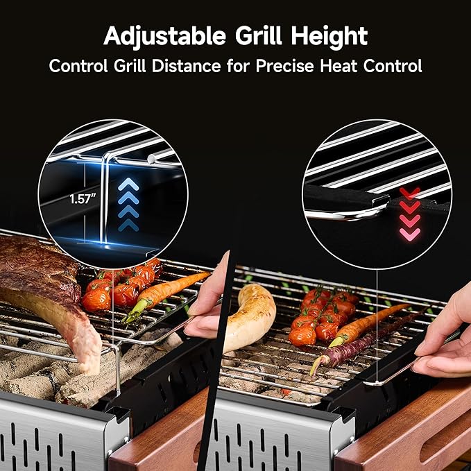 Portable Hibachi Charcoal Grill for Outdoor Camping, No Assembly BBQ Grill with Stainless Steel Grate, Height Adjustable Foldable Grill for Beach and Patio