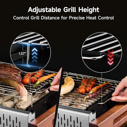 Portable Hibachi Charcoal Grill for Outdoor Camping, No Assembly BBQ Grill with Stainless Steel Grate, Height Adjustable Foldable Grill for Beach and Patio