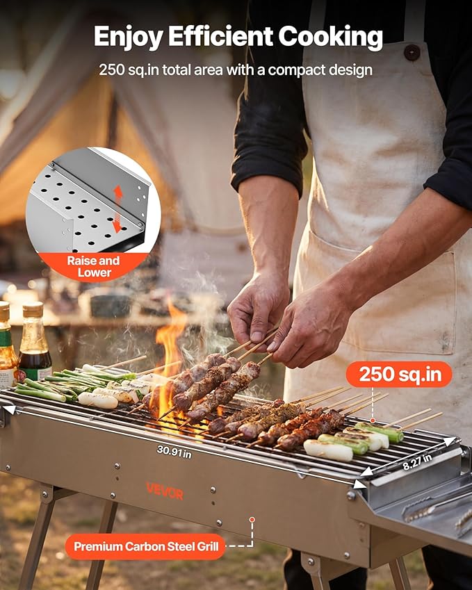 VEVOR Foldable Charcoal Grill, 250 sq.in. Portable Charcoal Barbecue Grill with Liftable Charcoal Tray & Side Tables, Brushed Stainless Steel BBQ Cooking Grills for Outdoor Camping Backyard Parties