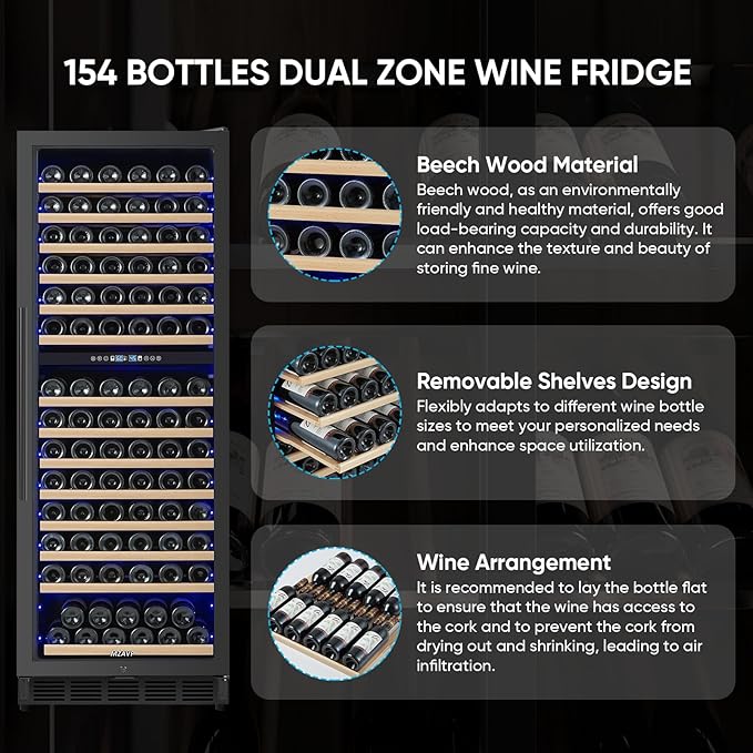 Dual Zone Wine Cooler Refrigerator, 24 Inch Wine Fridge Freestanding or Built-in, 154 Bottle Large Capacity Wine Cooler with Advanced Compressor, Air-circulation System and Low Noise - Black