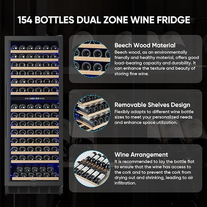 Dual Zone Wine Cooler Refrigerator, 24 Inch Wine Fridge Freestanding or Built-in, 154 Bottle Large Capacity Wine Cooler with Advanced Compressor, Air-circulation System and Low Noise - Black
