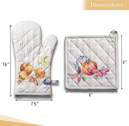 Maison d' Hermine 100% Cotton Oven Mitt & Pot Holder Set (7.5"x13" & 8"x8") Heat Resistant BBQ Cooking Gloves with Loop for Thanksgiving Christmas Decorations Handling Hot Pans (Fruit D'Hiver)