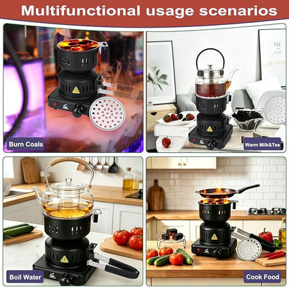 Charcoal Starter - Coal Burner for Cubes Hot Plate Durable Faster Electric Coal Stove 120V~600W Charcoal Burner with Detachable Handle Stainless Steel Grill & Rack Smart Heat Control for BBQ Kitchen