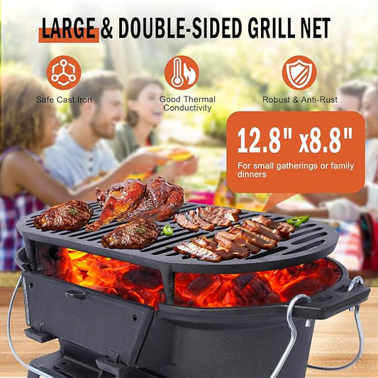 Portable Cast Iron Hibachi Grill - Pre-Seasoned Charcoal Grills, Double-Sided Grate & Adjustable Air Vents, BBQ for Camping, Backyard, Tailgating (Ellipse)