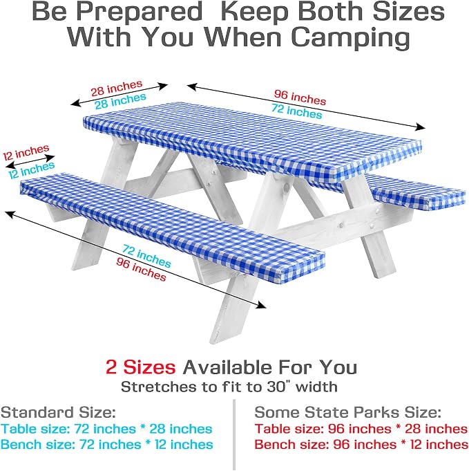 LINPRO 8ft Picnic Table Cover with Bench Covers Vinyl Fitted Picnic Table Covers with Elastic Camping Essentials and Picnic Tablecloth and RV Accessories