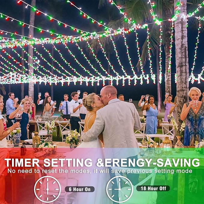 40FT 120 LED Outdoor String Lights, Red White and Green Christmas Lights | Waterproof 8 Modes Plug in Clear Wire Twinkle Fairy Lights for Indoor Bedroom Patio Yard Xmas Party Holiday Decorations