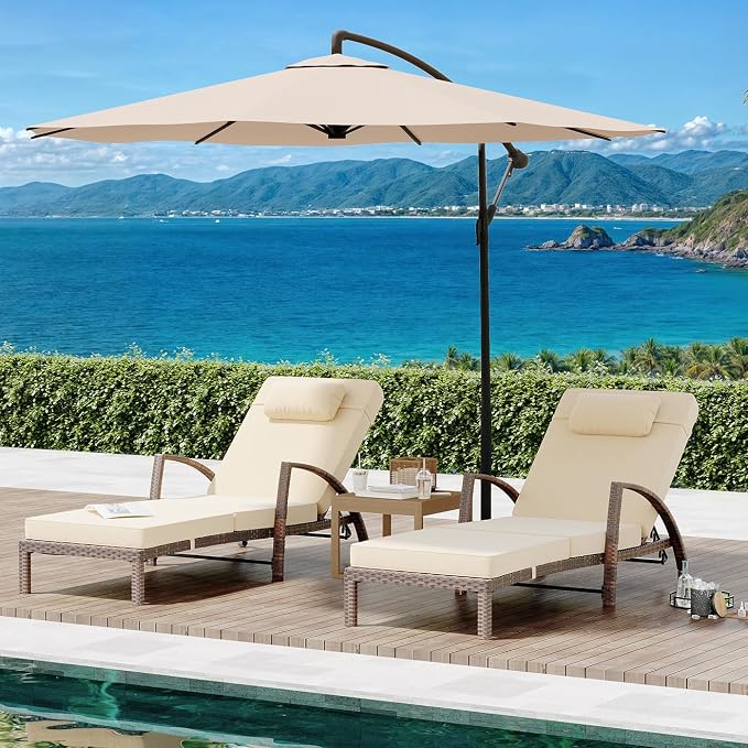 GarveeLife 2-Piece Rattan Patio Folding Chaise Lounge, 5-Position Adjustable Backrest Outdoor Lounge Chair with Cushion and Pillow for Poolside, Backyard, Deck, Porch, Beige