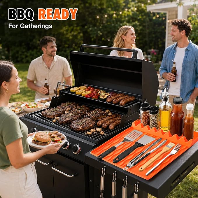 Blackstone Silicone Grill Mat BBQ Griddle Tool Mat Heat Resistant Spatula Mat with Drip Pad Side Mat for Blackstone Griddles Accessories Outdoor Kitchen Grills Countertop Protector Organizer (Orange)