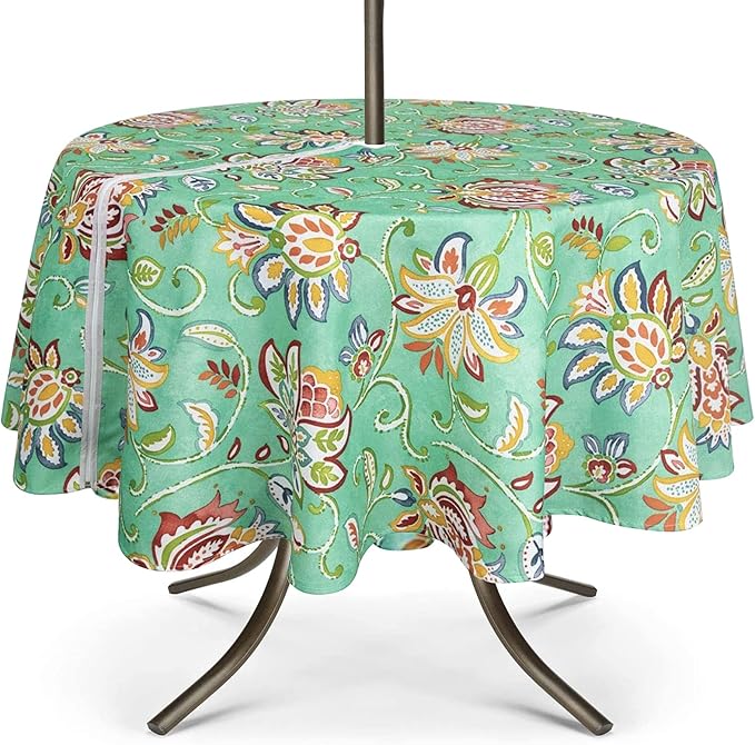 UMINEUX 60" Outdoor Round Tablecloth with Umbrella Hole and Zipper | Spring/Summer Waterproof Round Patio Table Cover for Picnic/BBQ/Garden, Green Flower