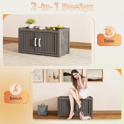 Bifanuo Shoe Storage Cabinet, 2-Door Outdoor Storage Bench with Adjustable Shelves, Waterproof UV-Resistant for Hallway, Living Room, Entryway, Large Capacity Modern Organizer (Grey)
