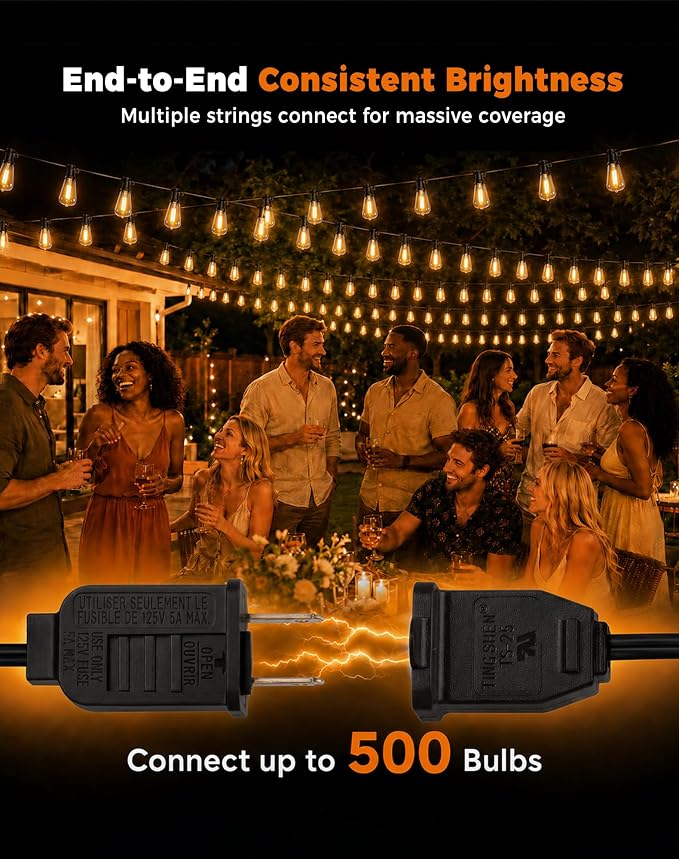 Outdoor String Lights 60FT(50+10) Waterproof, 25 LED S14 Shatterproof Edison Bulbs, 2FT Spacing, Extension Cord, Connectable Plug in Hanging Patio Lights for Outside, Backyard, Warm White