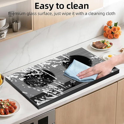 2 burner induction cooktop,110V 3000W 2 burner induction plate with Brushed Panel LED Knob Control, induction stove top with 9 Power Levels, Kids Lock & Timer,24 Inch double induction cooktop
