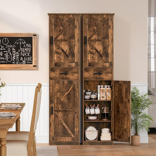 TEENFON Tall Bathroom Cabinet, Storage Cabinet with 6 Shelves & Drawer, Bathroom Storage Cabinet with Adjustable Shelves, Tall Cabinet for Living Room, Home Office, Brown