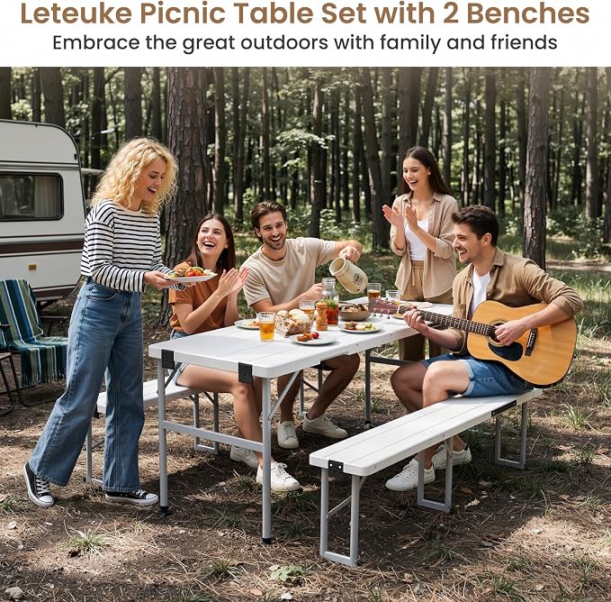 6' Picnic Table Set w/2 Benches 3-Piece 1-Case Camping Table Chair Set | HDPE Tree Pattern Top for Indoor or Outdoor Use Working Meeting Party, Camping, Picnic, Weddings With Handle Safety Locks