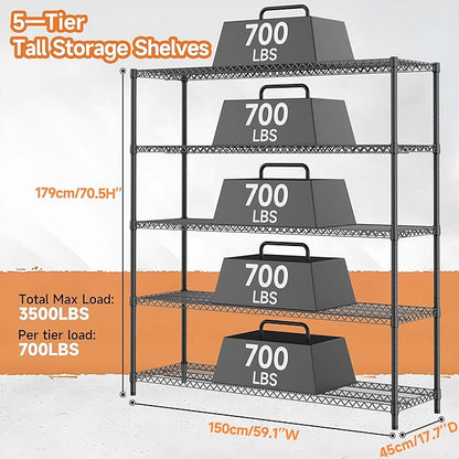 M MZG 3500LBS 59" W 5 Tiers Storage Shelves, Metal Shelving Wire Metal Shelving Unit Shelves for Storage Adjustable Garage Shelving for Pantry Kitchen Garage Black 17.7" D x 59.1" W x 70.4" H