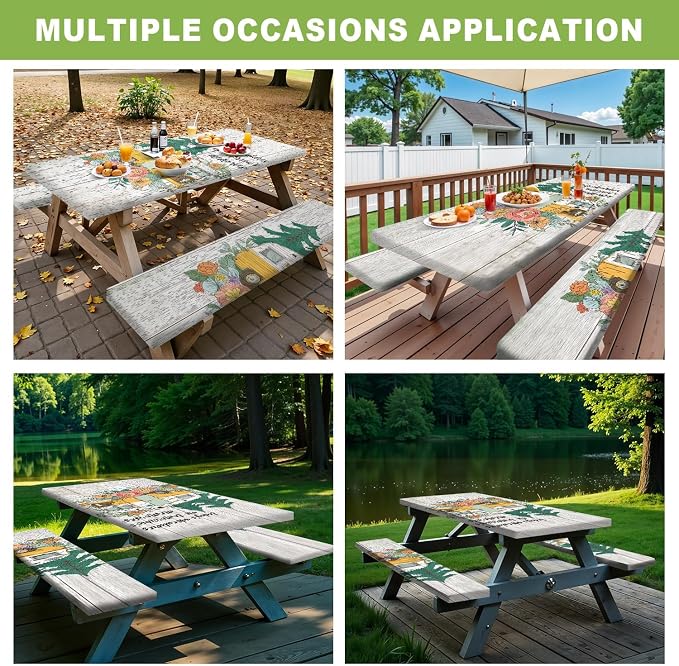 Picnic Table Cover with Bench Covers –Waterproof Windproof Camping Tablecloth with Drawstring Bag,Fitted 72in Rectangle Tables and Seats,Camper Floral Design,Camping Essentials for Patio,Park,Backyard