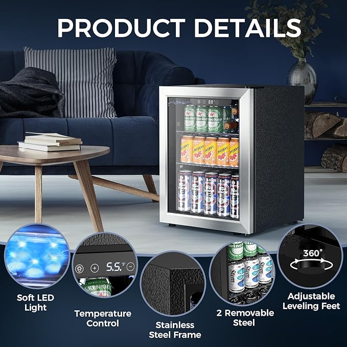 Electactic Mini Fridge 68 Can Beverage Refrigerator Cooler, 1.7 Cu.Ft Drink Fridge forSoda Wine Beer, Digital Temperature Control Cooler for Home, Dorm, Bar
