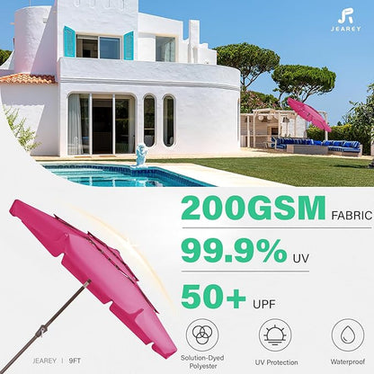 JEAREY 3 Tiers 9 FT Patio Umbrellas Outdoor Table Umbrella with Push Button Market Umbrella 8 Sturdy Ribs UV Protection Waterproof for Garden,Pink