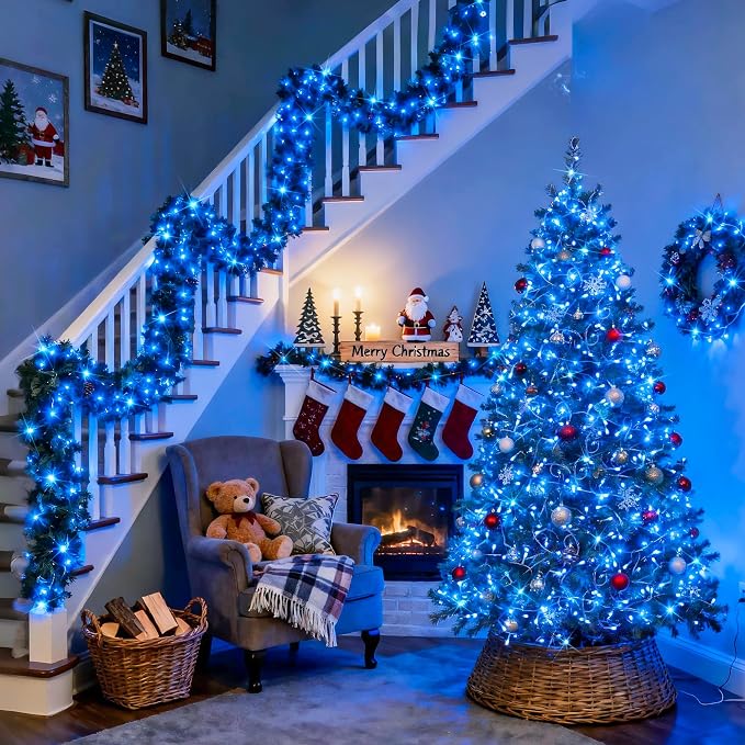JMEXSUSS 200 LED Blue Christmas String Lights Indoor Outdoor Plug in | 66ft Blue Halloween Lights Clear Wire, 8 Modes Waterproof Christmas Tree Lights for Party Bedroom Wall Christmas Decoration