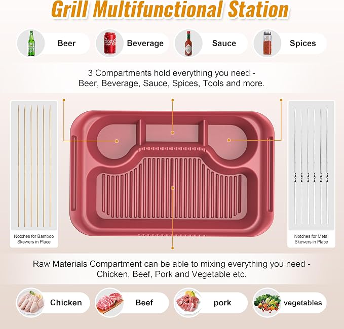4PCS Melamine Prep Tray Set with Tons & Brush for BBQ, Marinating Plate | Dishwasher Safe,Picnic Prep Tub for Marinating Meats,Grill Prep Trays with Tons & Brush,Camping Cookware,NOT Microwave Safe