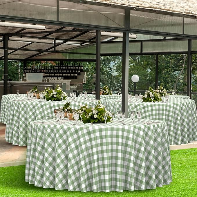 3 Pcs Sage Green Gingham Tablecloths 84 inch Checkered Round Tablecloths | Disposable Waterproof Green Round Gingham Tablecloths for Baby & Bridal Shower Picnic Camping Barbecue Birthday Party,84 Inch