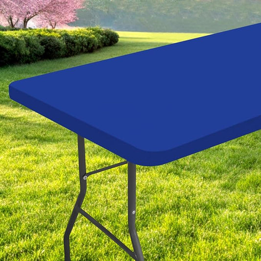 Rectangle Table Cloth, Waterproof Elastic Fitted Tablecloth for 8 Foot Folding Tables, Washable Polyester Tablecloths for Picnic, Camping, Outdoor (Blue, 30"x96")