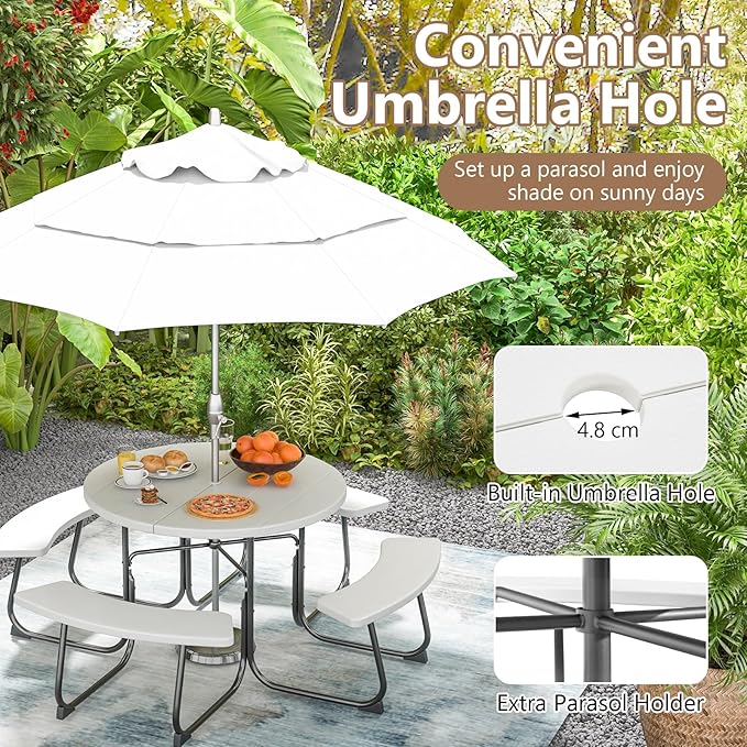 COSTWAY Round Picnic Table with Umbrella Hole, Outdoor Picnic Table with Bench Set for 4-8 People, HDPE Tabletop, Patio Dining Furniture Set for Family Gatherings, BBQ Party, Backyard (White)